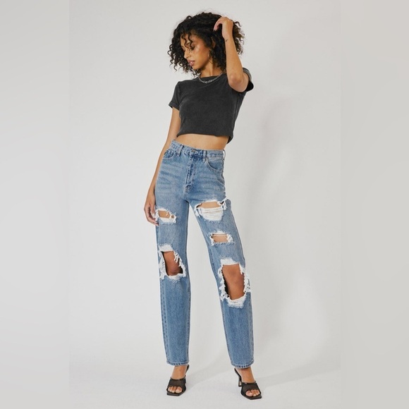KANCAN High Waisted Straight Ripped Distressed Jeans - Picture 2 of 6